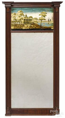 Sheraton mahogany mirror, 19th c., with an eglomise panel, 47'' x 22 1/2''.