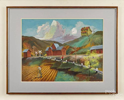 Louis Orndorff (American 20th c.), gouache landscape with railroad, signed lower right and dated