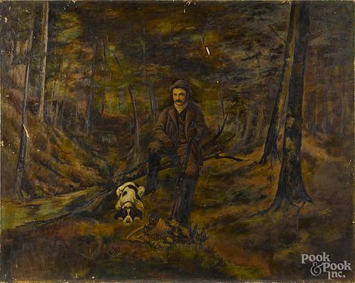 Oil on canvas sporting landscape, early 20th c., of a hunter with woodcock and his hunting dog