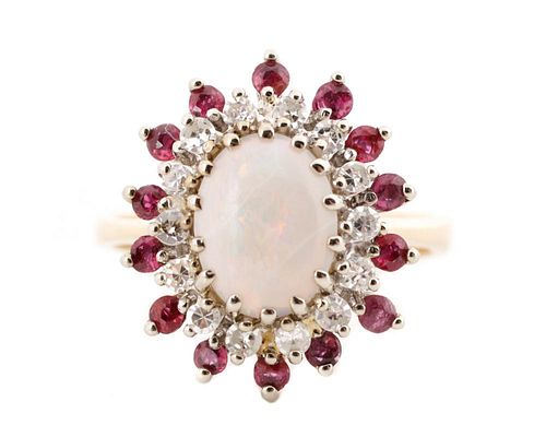 14K Yellow Gold Diamond, Ruby, & Opal Ring