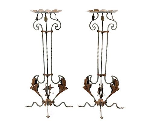 Pair of Wrought Iron & Tole Jardiniere Stands