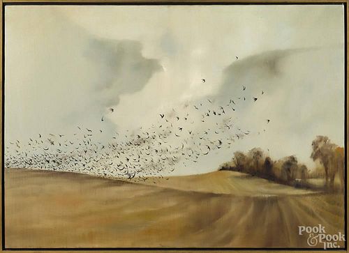 Hal Singer (American 1919-2003), oil on canvas landscape with a flock of birds, signed lower right