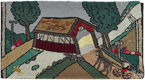 Hooked rug of a covered bridge and a horse-drawn cart, ca. 1940, 23'' x 42 1/2''.