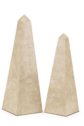 Pair, Graduated Tessellated Travertine Obelisks