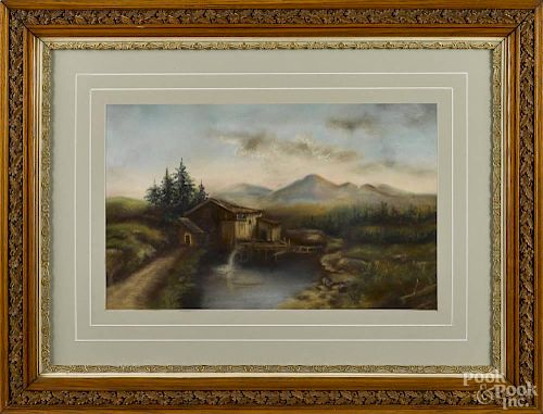French pastel on paper landscape, signed indistinctly and dated 1857 lower right, 13 1/2'' x 22''.