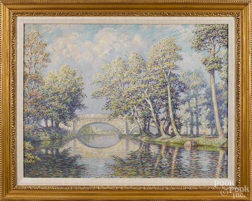 Oil on board riverscape, signed E. V. Brown, verso marked West Chester PA, 21'' x 28''.