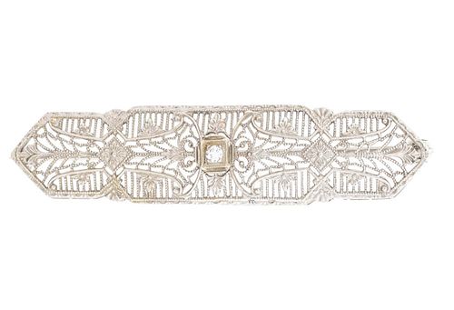 Art Deco Filigree & Diamond Bar Pin, 14k