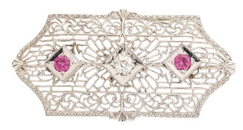 Ladies Art Deco Diamond & Ruby Bar Pin or Brooch