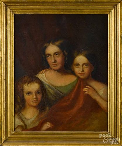 Oil on canvas portrait of a woman and two daughters, 19th c., 30'' x 25''.
