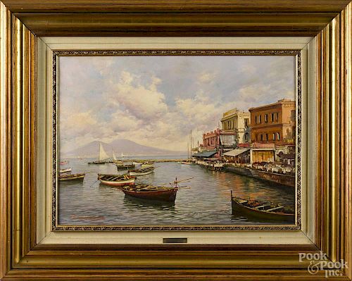Riccardo Colucci (Italian 1937-), oil on canvas harbor scene, signed lower left, 20'' x 27''.