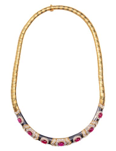 18k Yellow Gold, Ruby and Diamond Necklace