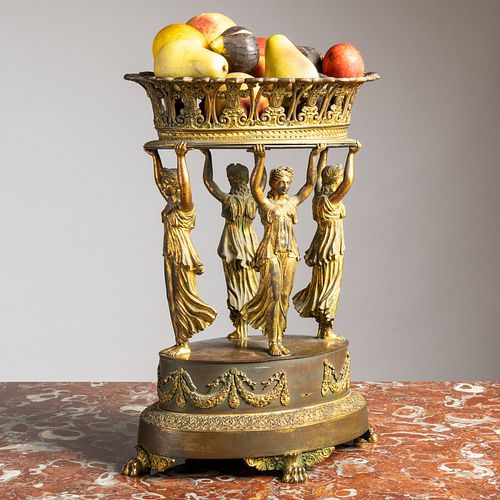 Late Empire Gilt-Metal Figural Centerpiece with Painted Marble Fruit