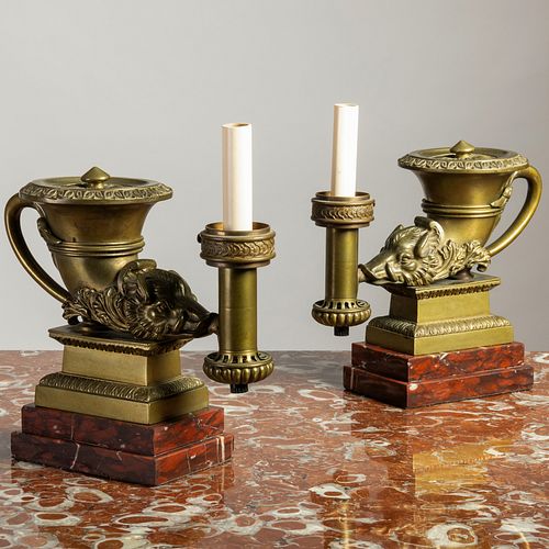 Pair of Late Neoclassical Boar's Head Cast Bronze Table Lamps