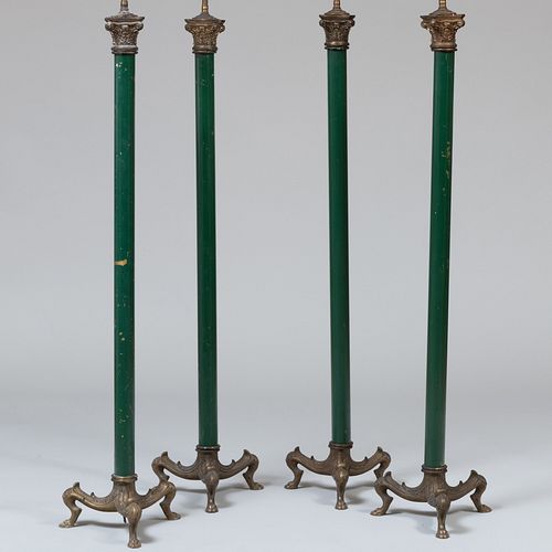 Four Neoclassical Style Gilt-Metal Mounted Green Painted Metal Columnar Floor Lamps 
