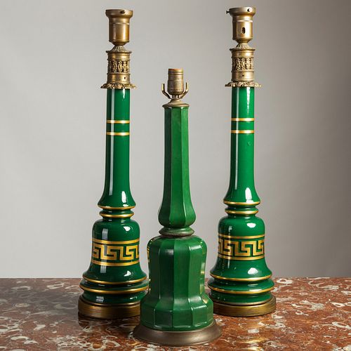 Pair of Mid Century Dark Green Glass, Parcel-Gilt and Gilt-Metal-Mounted Table Lamps