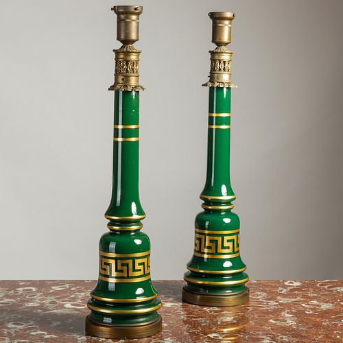 Pair of Mid Century Dark Green Glass, Parcel-Gilt and Gilt-Metal-Mounted Table Lamps