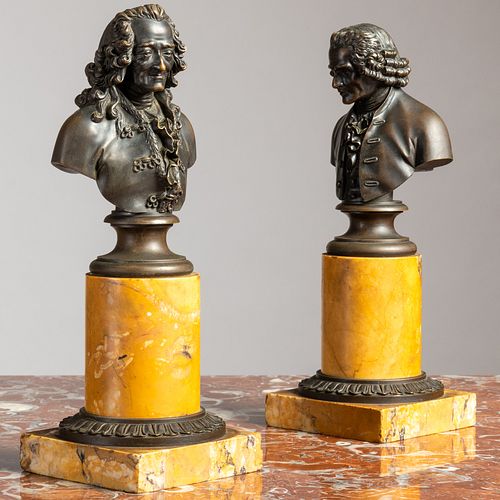 Pair of Patinated-Bronze Busts of Voltaire and Rousseau on Siena Marble Columnar Bases