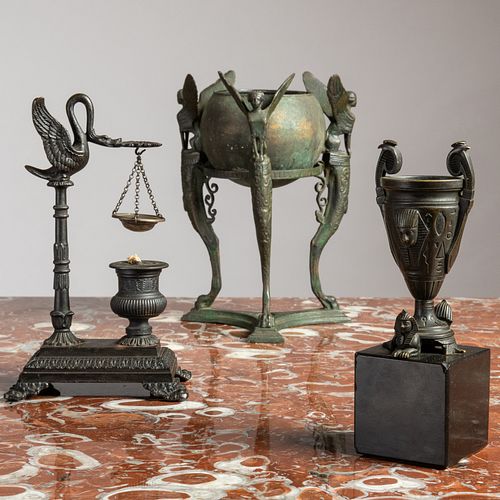 Patinated-Metal Oil Lamp, Egyptian Style Bronze Urn and a Bronze Bowl on Stand, After the Antique