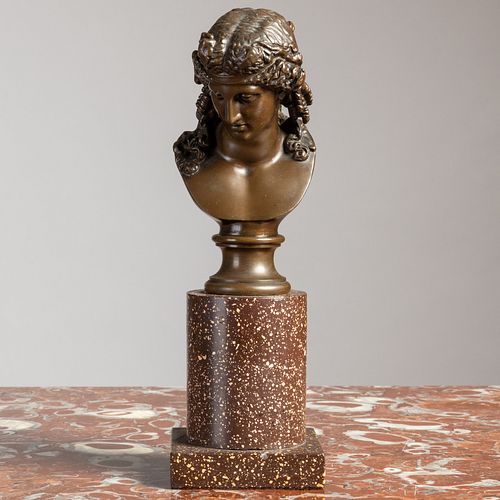 French Bronze Bust of a Classical Maiden on a Swedish Porphyry Pedestal Base, Signed F. Barbedienne Fondeur