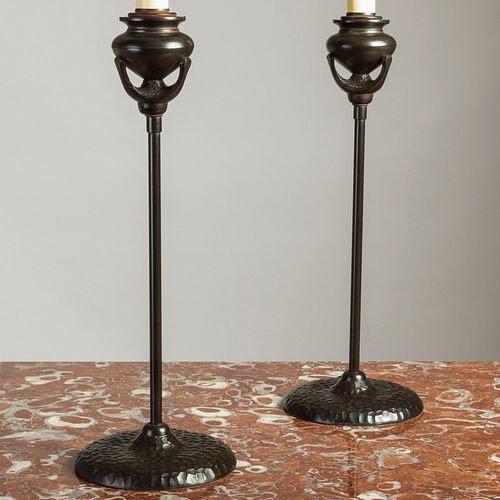 Pair of Patinated Metal Tiffany Style Lamps
