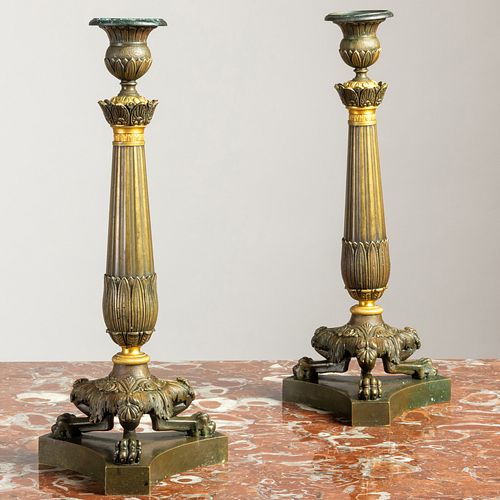 Pair of Louis Philippe Patinated-Bronze and Parcel-Gilt Candlesticks