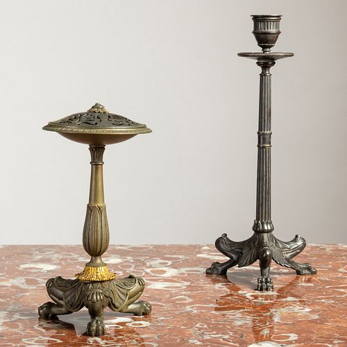 William IV Bronze and Parcel-Gilt Perfume Burner and a Victorian Bronze Candlestick