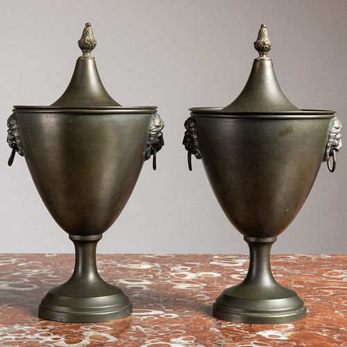 Pair of Patinated Tôle Urns and Covers