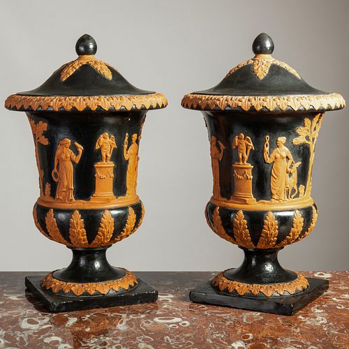 Pair of Wedgwood Style Painted Composite Urns and Covers