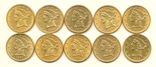 (50) $5.00 Liberty Gold Almost Mint