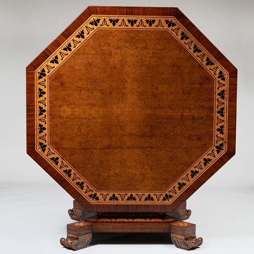 Regency Style Burl Elm, Mahogany, and Parcel-Gilt Parquetry Tilt-Top Center Table, In the Manner of George Bullock