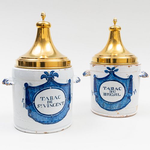 Pair of Belgian Faience Tobacco Jars and a Pair of Brass Covers