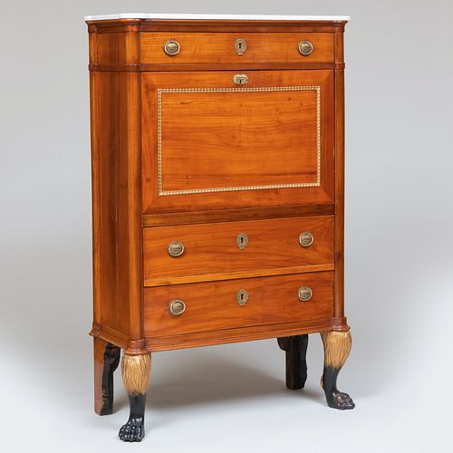 Continental Neoclassical Gilt-Metal-Mounted Mahogany, Painted and Parcel-Gilt Fall-Front Secretary