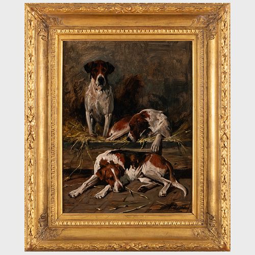 John Emms (1843-1912): Three Hounds in a Stable Interior