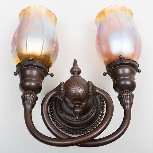 Tiffany Studios Patinated-Bronze and Favrile Glass Two-Light Wall Sconce