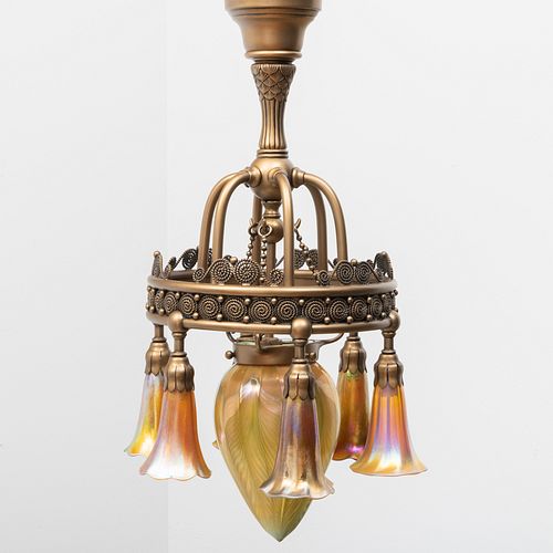 Tiffany Studios Gilt-Bronze and Favrile Glass Seven-Light Lily Chandelier