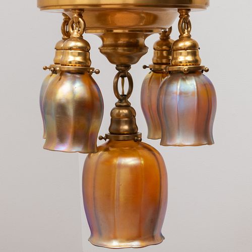 Tiffany Studios Gilt-Bronze and Favrile Glass Five-Light Tulip Ceiling Light