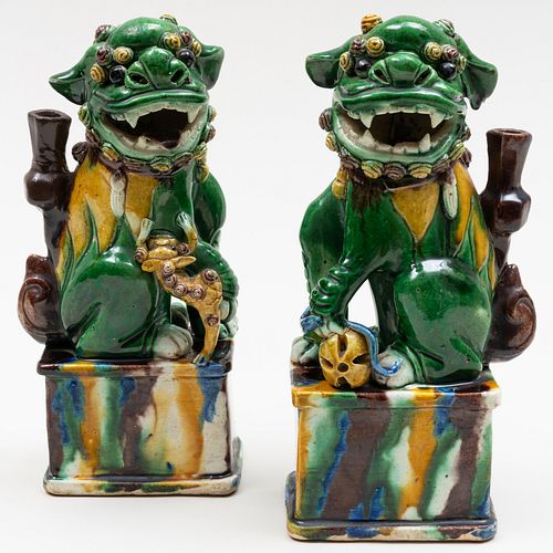 Pair of Chinese Buddhistic Lion Form Sanci Glazed Porcelain Joss Stick Holders
