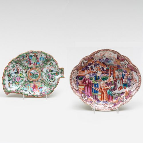 Chinese Export Rose Medallion Leaf-form Dish and Chinese Export Mandarin Palette Shaped Oval Dish