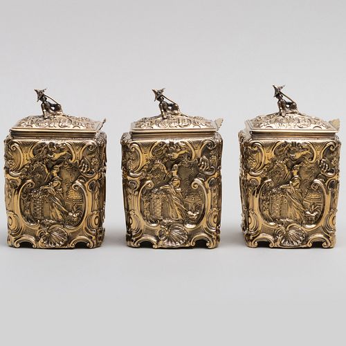 Three George III Chinoiserie Silver Tea Caddies