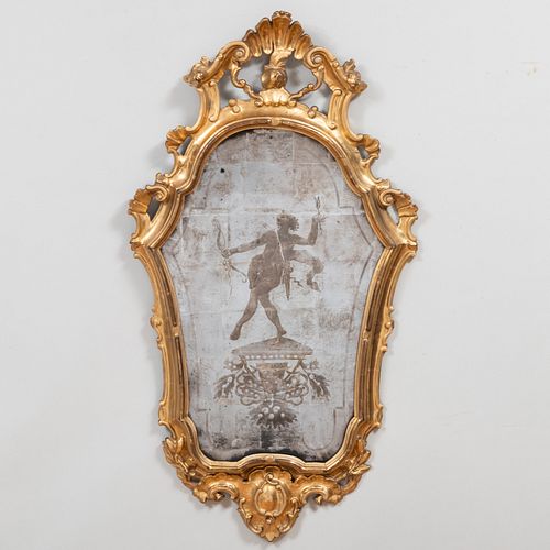 Pair of Italian Rococo Carved Giltwood Etched Glass Mirrors 