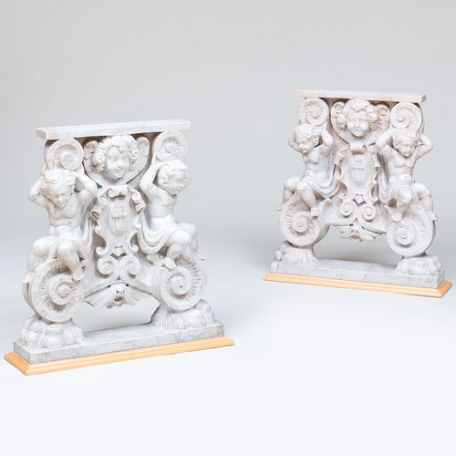 Pair of Continental Baroque Putti Carved Carrara Marble Supports