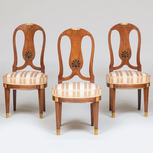 Set of Three Unusual Northern European Gilt-Bronze-Mounted Inlaid Mahogany and Ebony Side Chairs, Possibly Russian