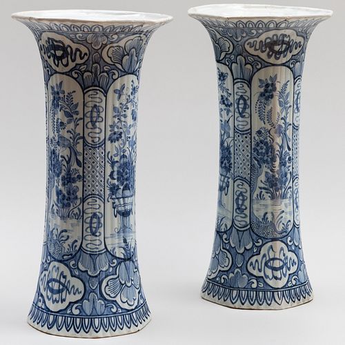 Pair of Dutch Delft Blue and White Ribbed Trumpet Vases