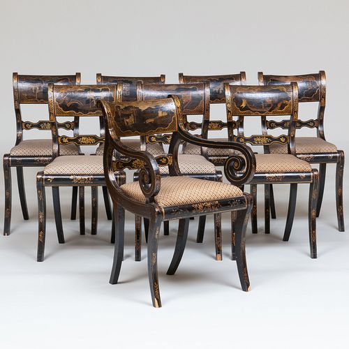 Set of Eight Regency Black Japanned and Parcel-Gilt Dining Chairs