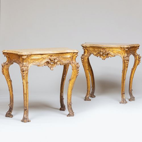 Pair of Italian Gilt-Varnished Silver 'Mecca' Console Tables, Naples
