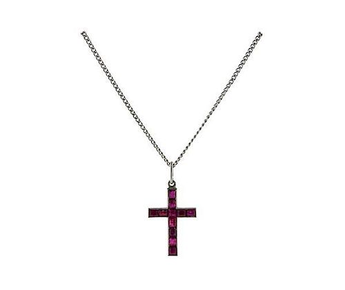 Tiffany &amp; Co Platinum Ruby Cross Pendant Jabel 14K Necklace