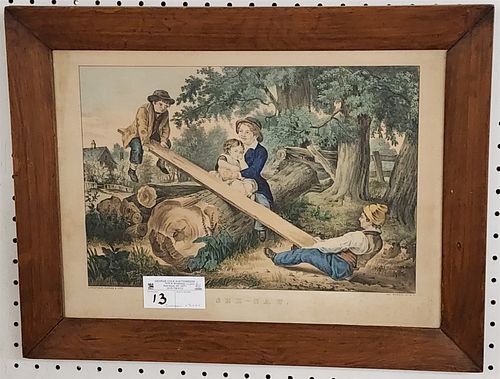 framed currier and ives litho "See-Saw" 