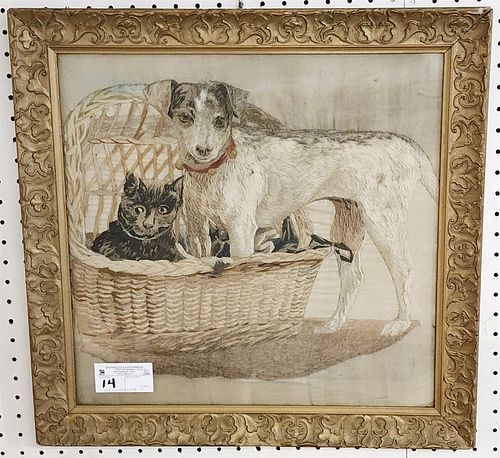 framed vict needlework on silk of dog and cat 