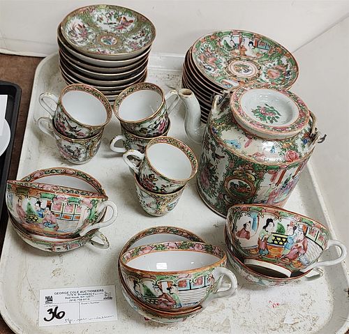 tray 34 pc rose medallion tea pot, 12- 5 1/2" diam, sasucers, 6 cups, 9- 4 1/2" diam saucers, 6 demi tasse cups
