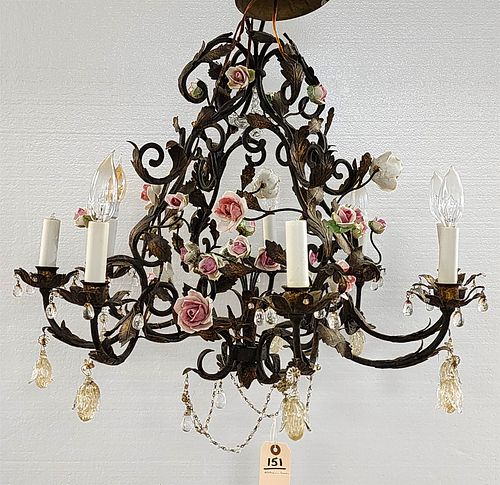 Italian brass chandelier w/porcelain roses and blown glass drops